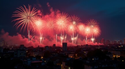 Vibrant red fireworks lighting up a night city skyline during new year celebrations