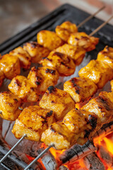 Gegrillte Fleischspie&szlig;e mit Flammen im Hintergrund

