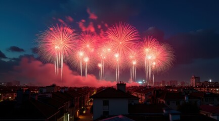 Vibrant red fireworks lighting up a night city skyline during new year celebrations