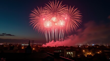 Vibrant red fireworks lighting up a night city skyline during new year celebrations