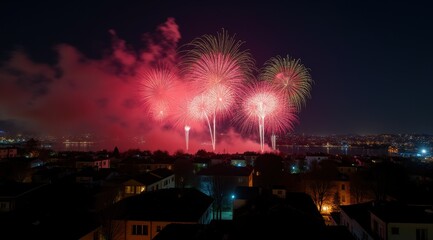 Vibrant red fireworks lighting up a night city skyline during new year celebrations