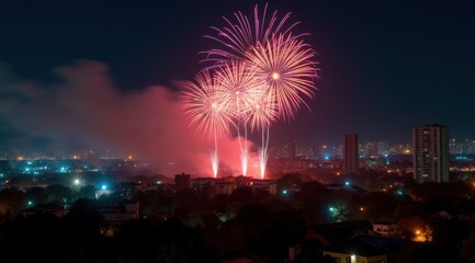 Vibrant red fireworks lighting up a night city skyline during new year celebrations