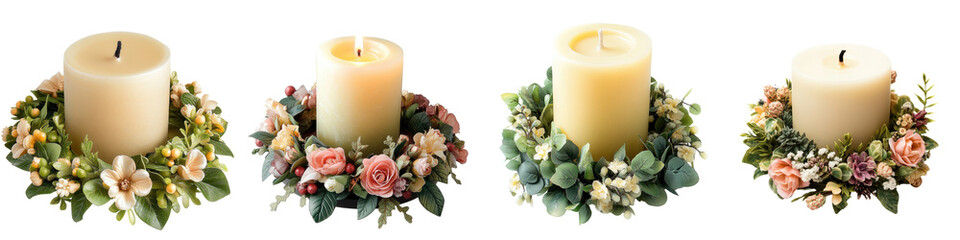 Decorative Candle Ring – A Ring of Flowers or Foliage Placed Around a Candle Base for Aesthetic Appeal Isolated on Clear White Background Highly Detailed 