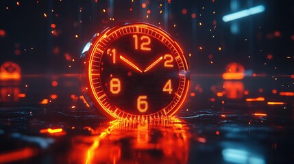 A glowing digital clock surrounded by a futuristic, neon-lit environment.