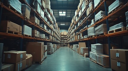 Fototapeta premium A spacious warehouse filled with stacked boxes on shelves, organized for storage and distribution.