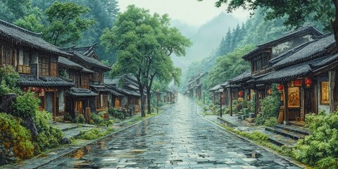 Fototapeta premium Serene bamboo forest path in traditional village setting