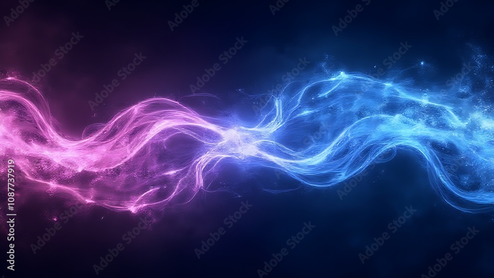 Poster icate electric blue and pink light patterns create depth and motion in abstract forms on a horizontal template with a rough retro color gradient.