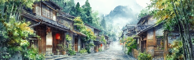 Obraz premium Serene bamboo forest path in traditional village setting