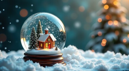 A snow globe featuring a miniature Christmas tree and cozy cabin, surrounded by snow and glowing lights