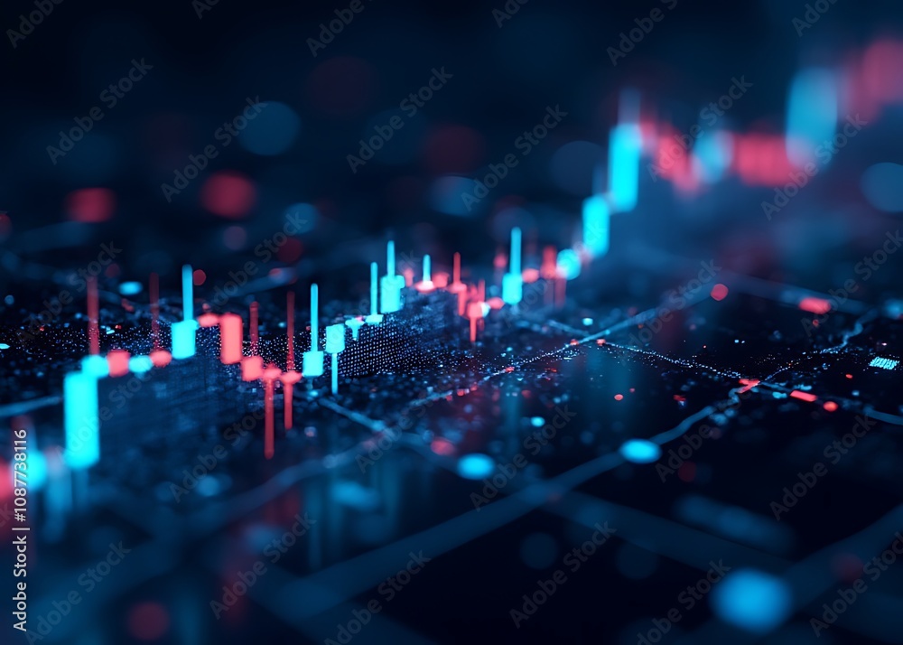Aufkleber inancial data is visually represented using vector graphics complexity algorithms in a bright neon light against a dark technological background.