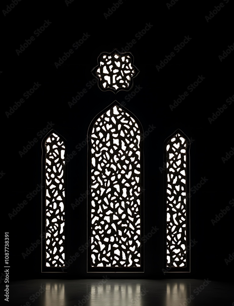 Aufkleber islamic window shapes set against a black background with ornate eid and moroccan architectural desi