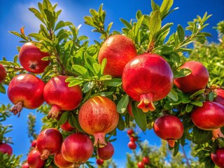 Obraz premium Vibrant Pomegranate Fruit Growing on a Sunlit Tree Branch, Showcasing Nature's Bounty in a Serene Daylight Setting