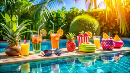 Obraz premium Vibrant Poolside Product Photography Featuring Refreshing Drinks and Colorful Accessories for a Perfect Summer Experience in a Resort Swimming Pool Setting