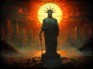 Die Statue der Freiheit vor einem dramatischen Sonnenuntergang in einer dystopischen Stadtlandschaft