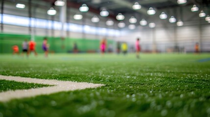 Naklejka premium The indoor field is a blurred mixture of green turf and colorful jerseys.