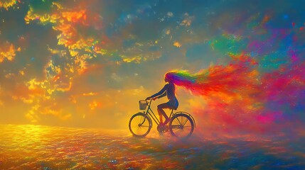 Peaceful girl cycling under vibrant hues of sunset sky picture
