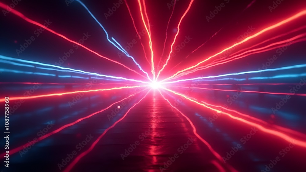 Poster Light bursts in sharp neon colors, creating abstract patterns with depth that add a vertical element to presentations and professional settings.