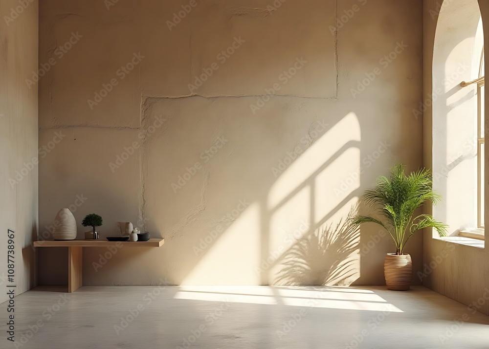 Aufkleber Light filters through a rough stone wall, casting geometric patterns on a minimalist room with sparse decor and simple product display setup.