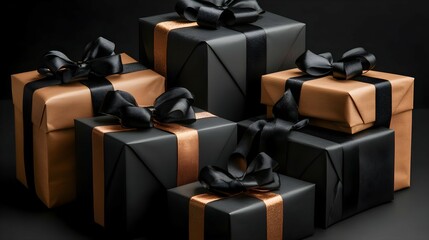 Black Arranged Gifts boxes with black ribbon and bow on black background. Black Friday concept