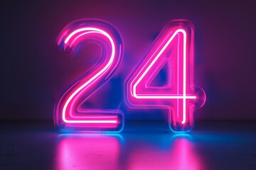 3d neon light number 24 glowing in the dark with pink and blue colors