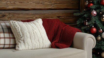 Cozy living room scene with a sofa, knitted cushions, a red throw blanket, and a decorated Christmas tree in a rustic setting.