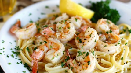 A mouthwatering plate of shrimp scampi with garlic, butter