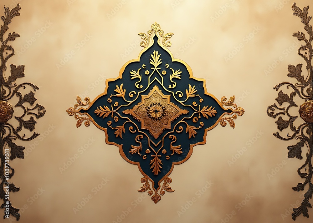 Poster luxurious beige and dark islamic pattern featuring a gold geometric vignette on a textured arabesque