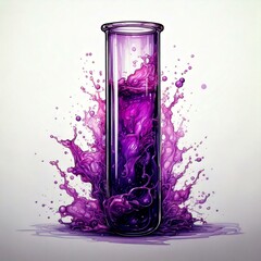 test tube with purple fluid infront of fluid splash and a white background