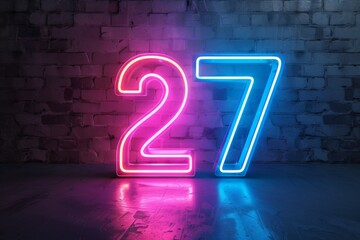 3d neon light number 27 glowing in the dark with pink and blue colors