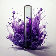 test tube with purple fluid infront of fluid splash and a white background