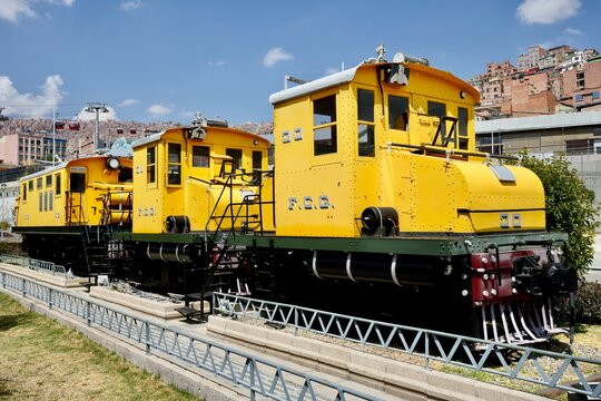 Yellow FCG English Electric Locomotive in La Paz City Centre close to the Old Railway Station. La Paz, Bolivia, October 10, 2023. 