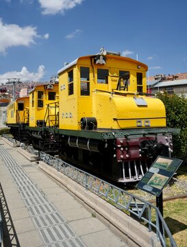 Yellow FCG English Electric Locomotive in La Paz City Centre close to the Old Railway Station. La Paz, Bolivia, October 10, 2023. 
