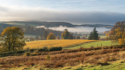 Fototapeta premium Autumn hills surrounded by golden fields and mist in the morning light