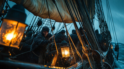 On a wooden frigate, sailors desperately struggle to secure the sails as the storm rages. The flickering lanterns cast eerie light, intensifying the tension and fear in the chaos of the tempest