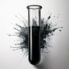 test tube with black fluid infront of fluid splash and a white background
