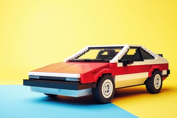 Red and White Block Car Model on Yellow and Blue Background
