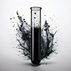 test tube with black fluid infront of fluid splash and a white background