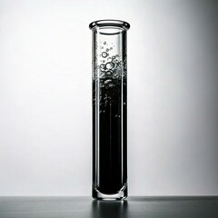 test tube with black sparkling fluid infront of a white background