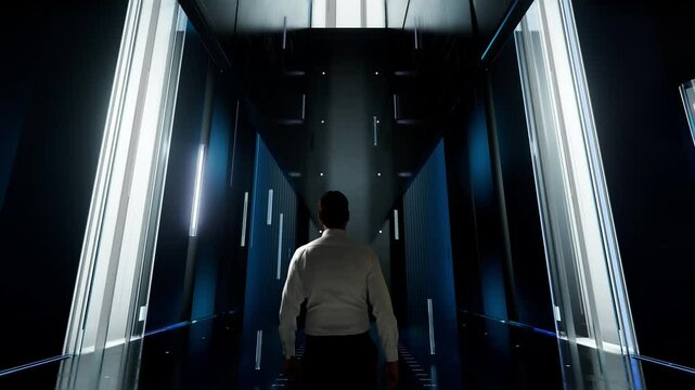 think differently. Man in Futuristic Office Interior Moving and Activating Hologram.