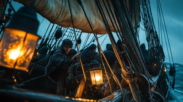 On a wooden frigate, sailors desperately struggle to secure the sails as the storm rages. The flickering lanterns cast eerie light, intensifying the tension and fear in the chaos of the tempest