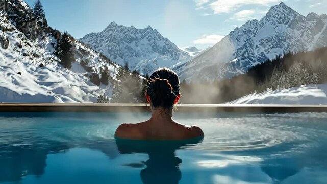 A woman enjoys a hot bath in a pool at a spa retreat with steam around her, against a backdrop of snowy mountains in winter. 4K Video