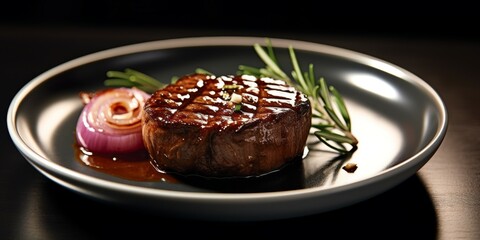 Grilled beef stake in a small plate with rosemary and onion presented on a wooden table.