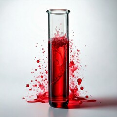 test tube with red fluid infront of fluid splash and a white background