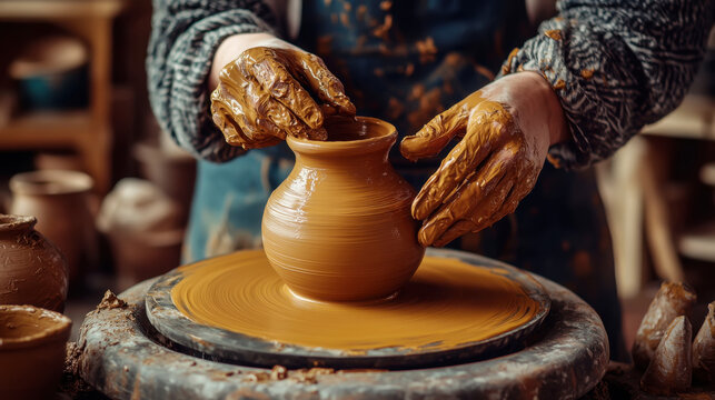 Artisan at work: potter shaping clay on a pottery wheel in a creative workshop setting