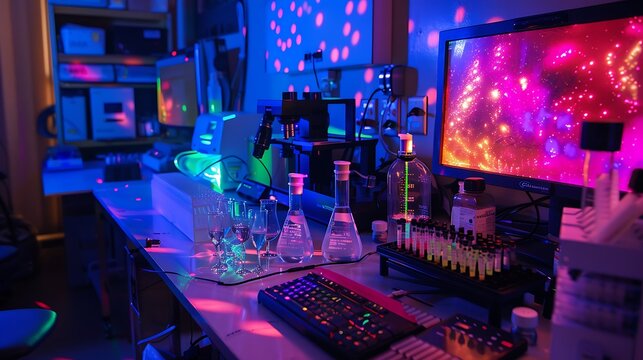 A laboratory with a setup for spectroscopic analysis, colorful light patterns, and data being captured on computers.