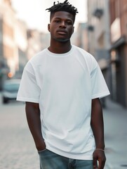 Fototapeta premium Young Black man wearing a white t-shirt outdoors in an urban setting. White t-shirt mockup