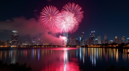 Fototapeta premium Vibrant red fireworks lighting up a night city skyline during new year celebrations