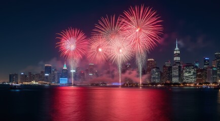 Vibrant red fireworks lighting up a night city skyline during new year celebrations