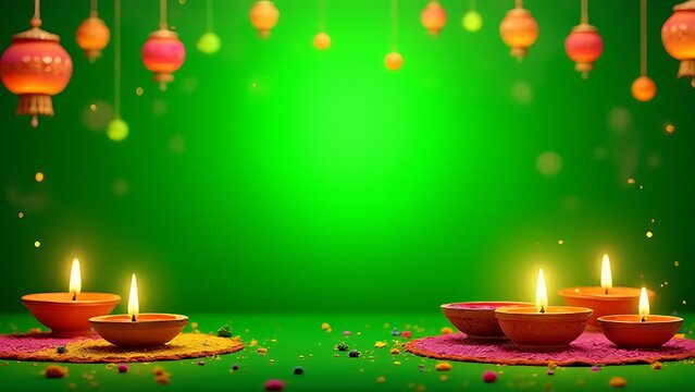 rant green color scheme adorns a Bright Diwali background with colorful rangoli designs, lanterns, and twinkling diya lamps scattered throughout.