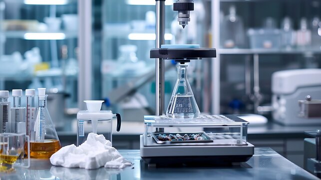 A laboratory with advanced analytical balances, chemical samples being weighed, and data being recorded in real-time.
